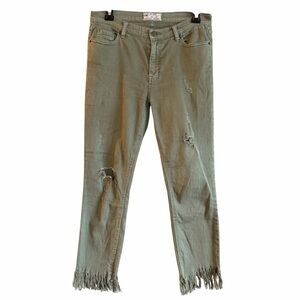 Free People Army Green Distressed Fringed Hem Mid Rise Straight Jeans Size 28